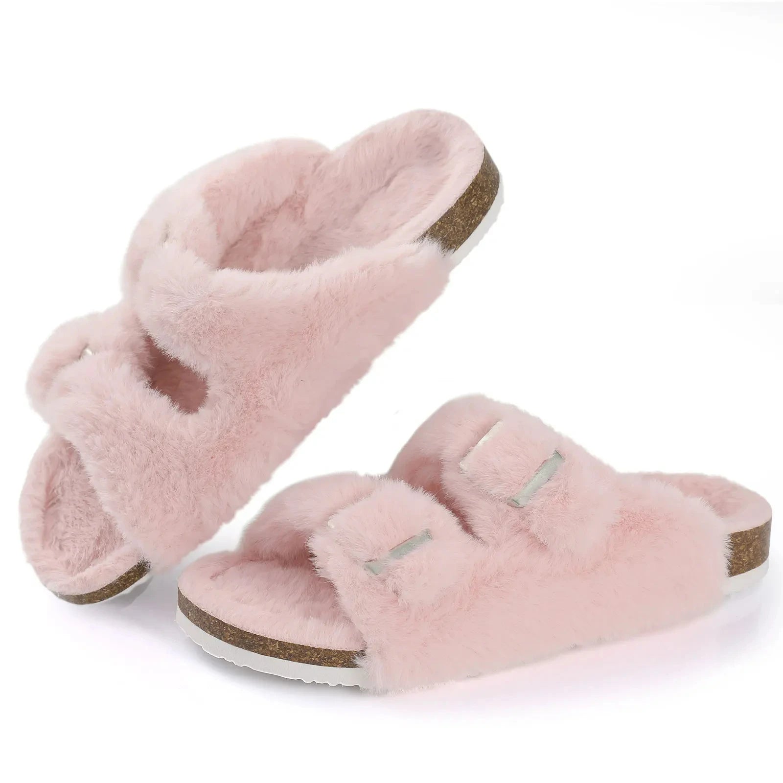 Crestar Women Fuzzy Slippers with Cork Footbed Fluffy Slide Sandals Open Toe Indoor House Shoes Arch Support Adjustable Slippers