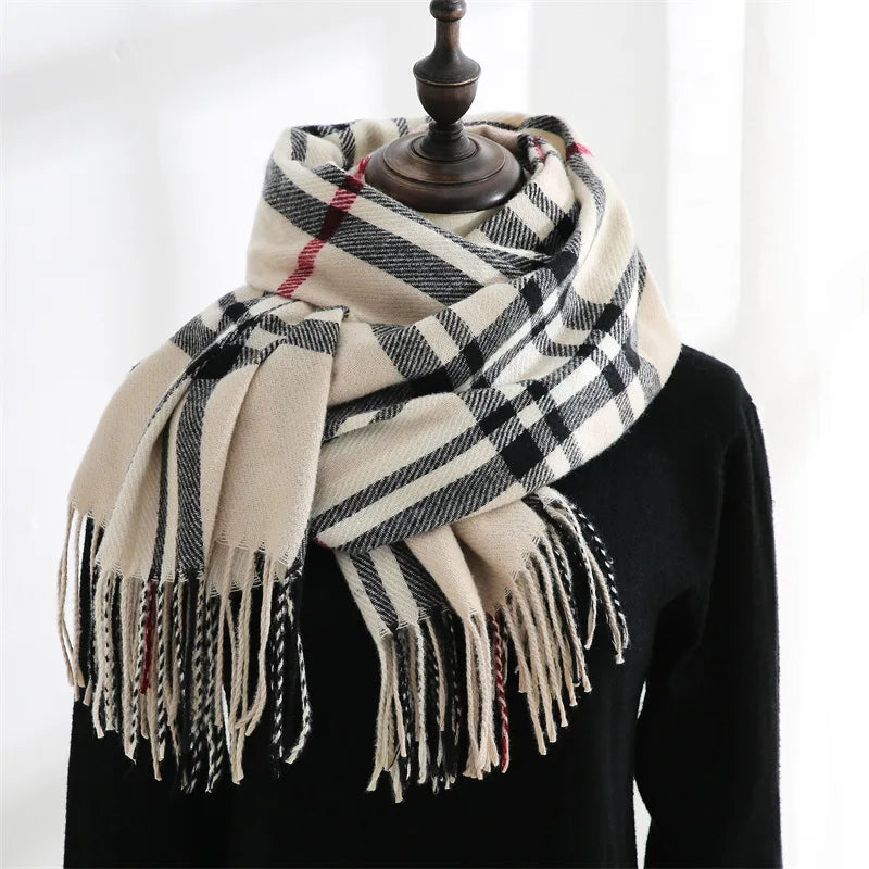 Winter Women Tassel Pashmina Shawl Plaid Stripe Hijab Thicker Warm Outdoor Windproof Cashmere Scarf Long Wraps