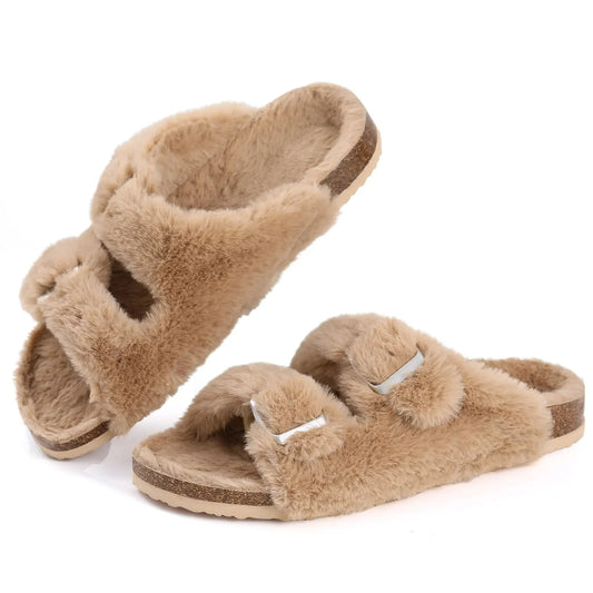 Crestar Women Fuzzy Slippers with Cork Footbed Fluffy Slide Sandals Open Toe Indoor House Shoes Arch Support Adjustable Slippers