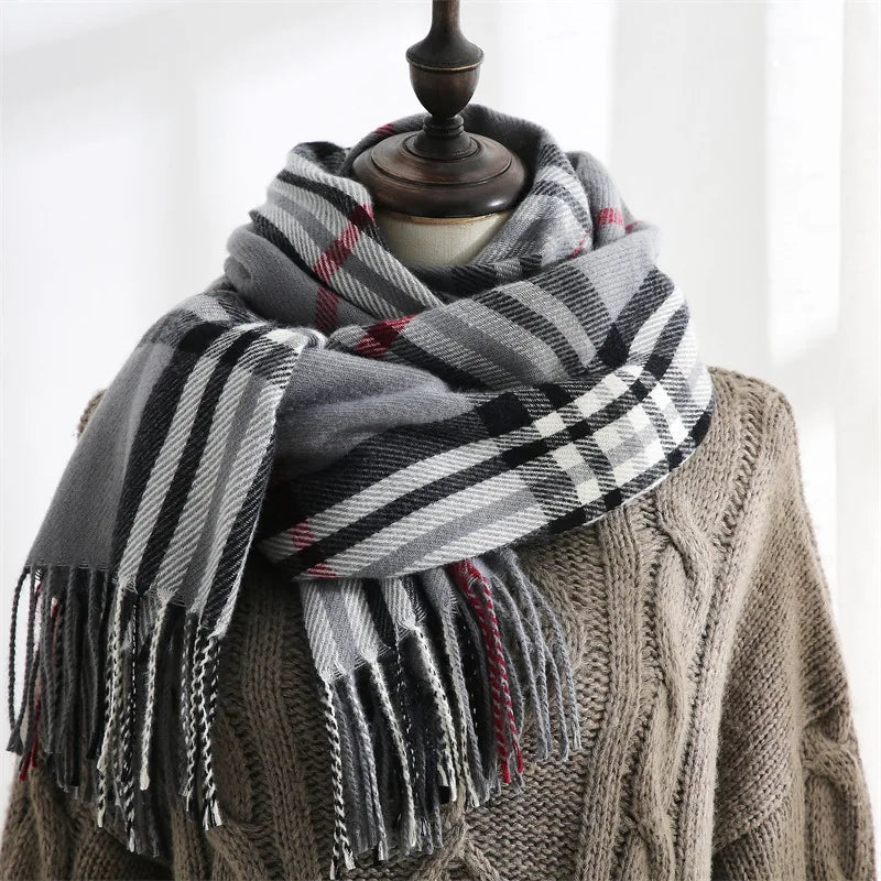 Winter Women Tassel Pashmina Shawl Plaid Stripe Hijab Thicker Warm Outdoor Windproof Cashmere Scarf Long Wraps