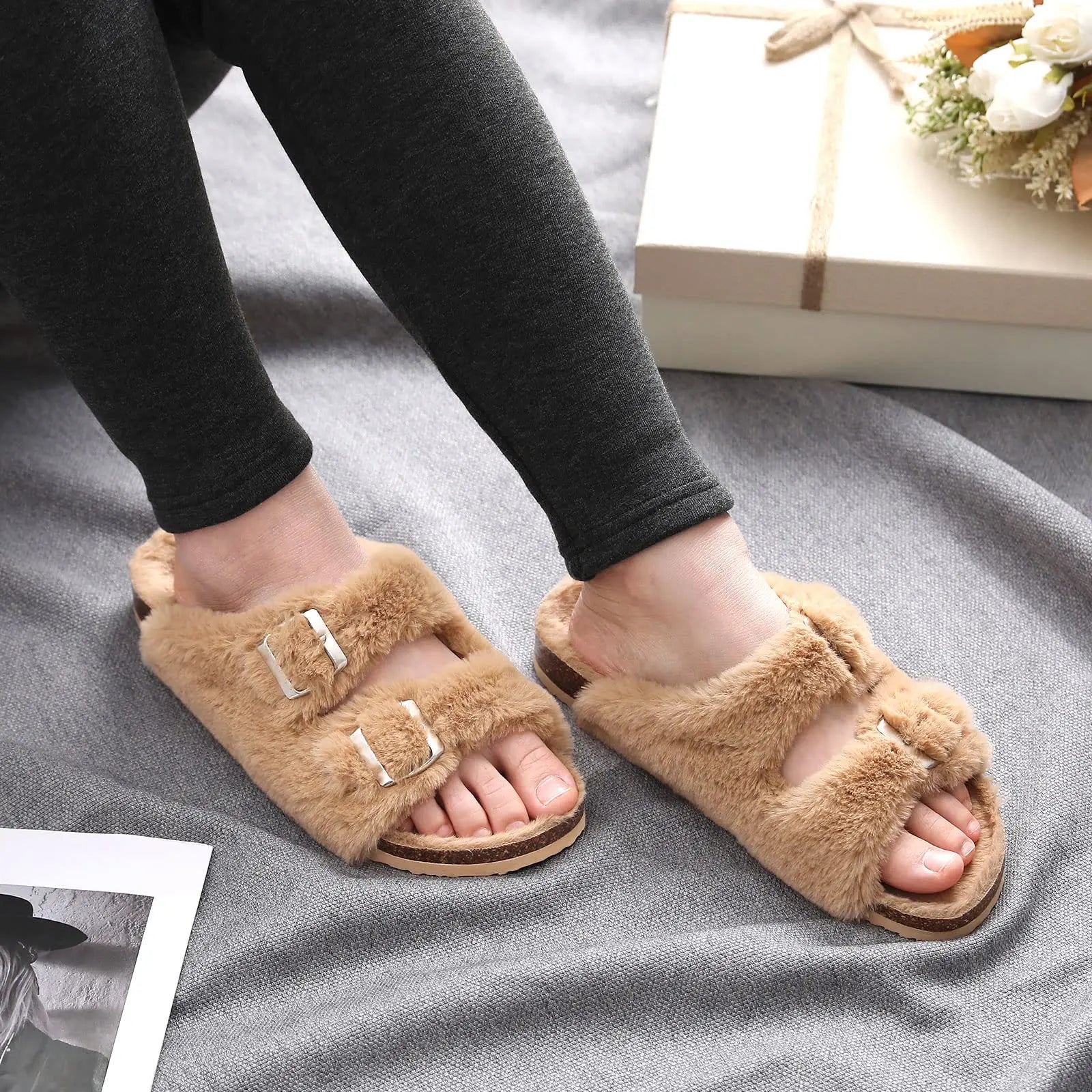 Crestar Women Fuzzy Slippers with Cork Footbed Fluffy Slide Sandals Open Toe Indoor House Shoes Arch Support Adjustable Slippers