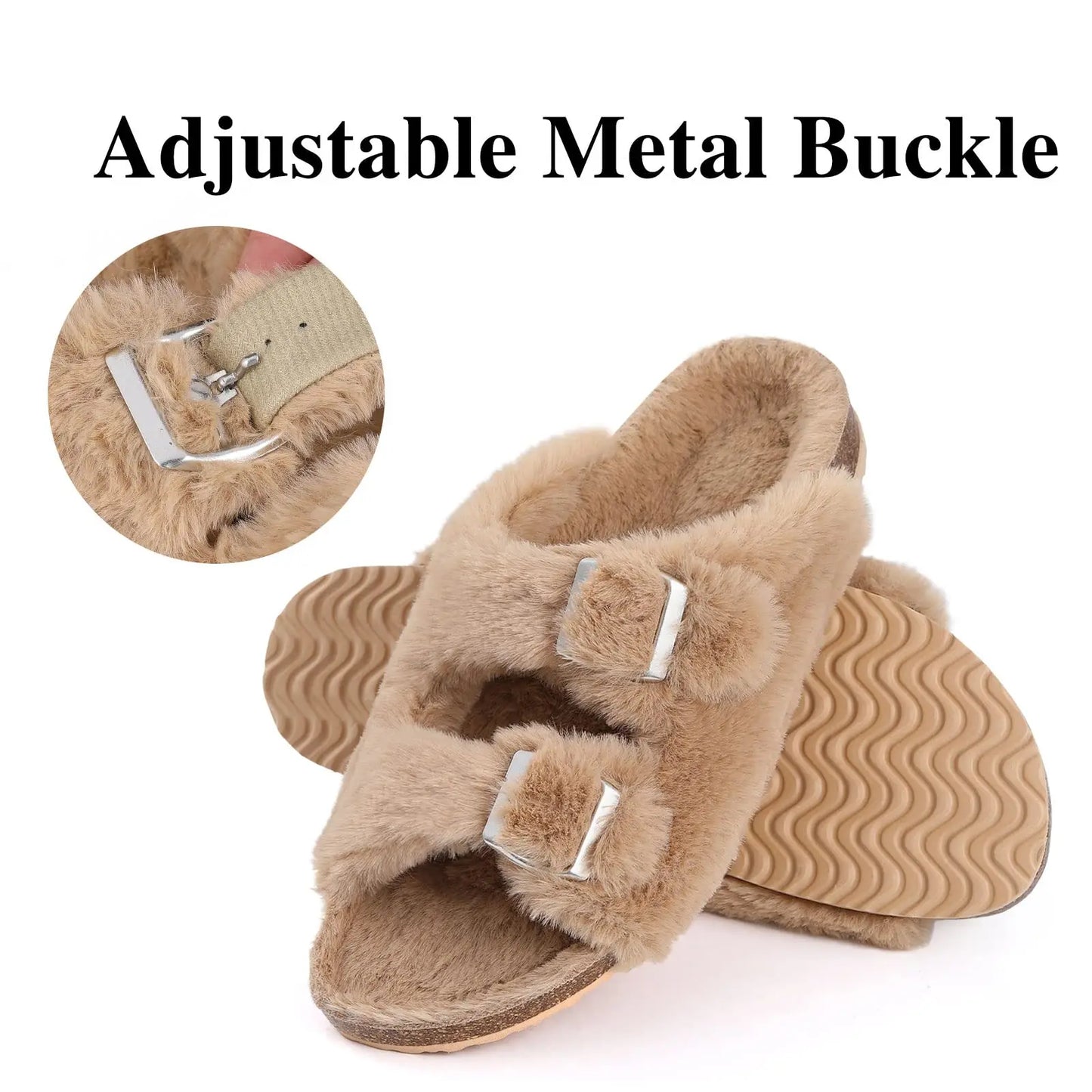 Crestar Women Fuzzy Slippers with Cork Footbed Fluffy Slide Sandals Open Toe Indoor House Shoes Arch Support Adjustable Slippers