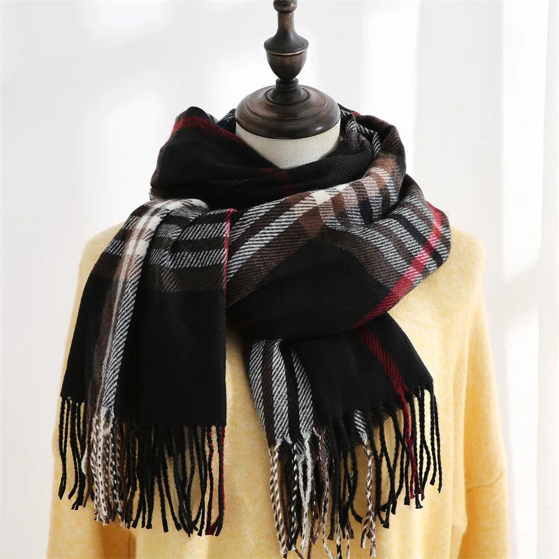 Winter Women Tassel Pashmina Shawl Plaid Stripe Hijab Thicker Warm Outdoor Windproof Cashmere Scarf Long Wraps