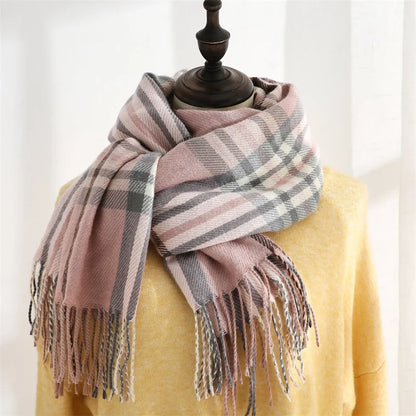 Winter Women Tassel Pashmina Shawl Plaid Stripe Hijab Thicker Warm Outdoor Windproof Cashmere Scarf Long Wraps