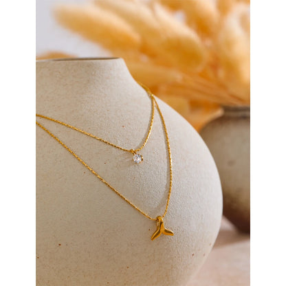 Yhpup Delicate Stainless Steel Double Layer Stacking Chain Zircon Fishtail Necklace Pendant 18K Gold Color Plated Jewelry New