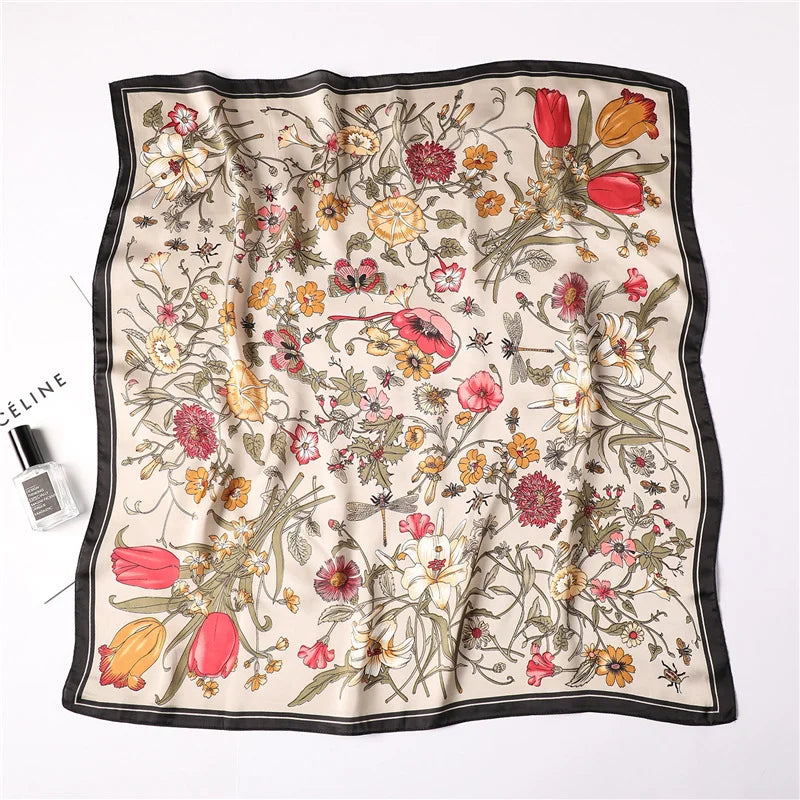 Fashion 70x70cm Silk Feeling Scarf Square Floral Printed Shawl Wrap Spring Summer Neckerchife Hair Band Lady Decor Foulard