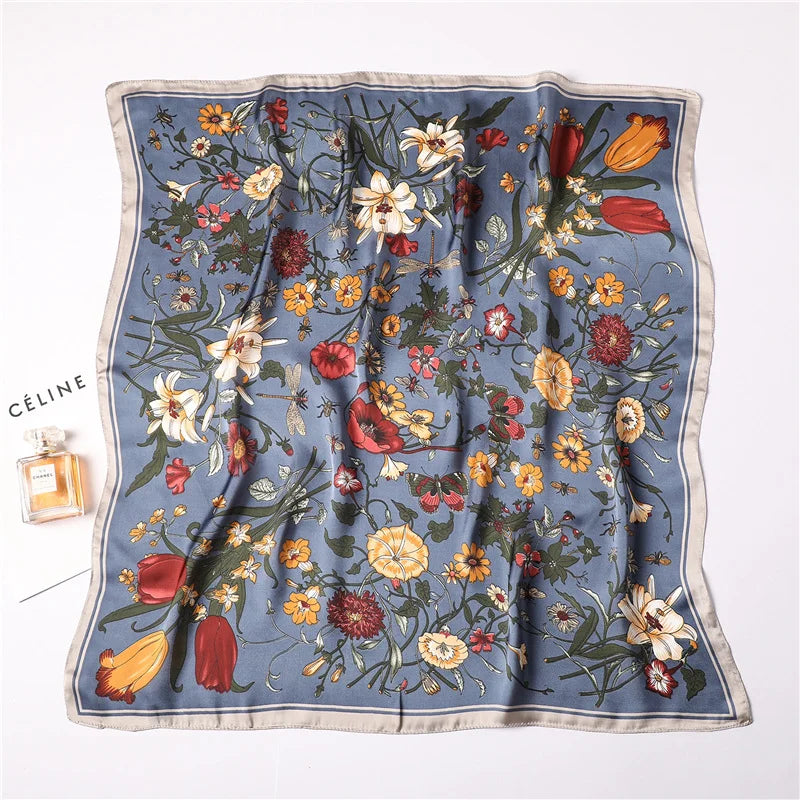 Fashion 70x70cm Silk Feeling Scarf Square Floral Printed Shawl Wrap Spring Summer Neckerchife Hair Band Lady Decor Foulard