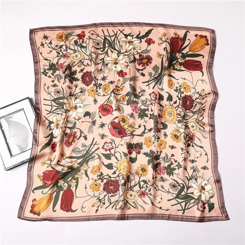 Fashion 70x70cm Silk Feeling Scarf Square Floral Printed Shawl Wrap Spring Summer Neckerchife Hair Band Lady Decor Foulard