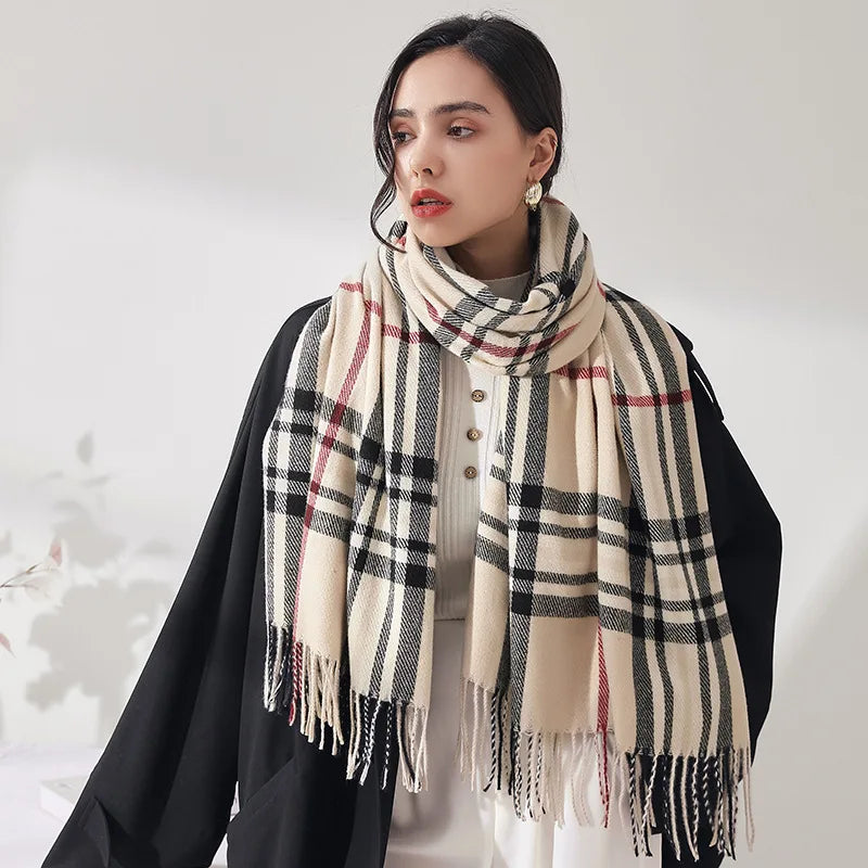 Winter Women Tassel Pashmina Shawl Plaid Stripe Hijab Thicker Warm Outdoor Windproof Cashmere Scarf Long Wraps