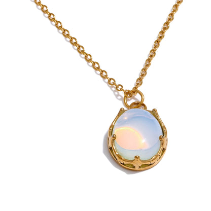 Yhpup Natural Opal Stone Pendant Fashion Necklace for Women Stainless Steel High Quality Popular Jewelry Waterproof Gift