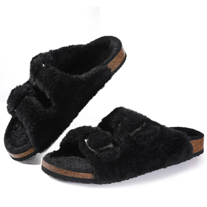 Crestar Women Fuzzy Slippers with Cork Footbed Fluffy Slide Sandals Open Toe Indoor House Shoes Arch Support Adjustable Slippers